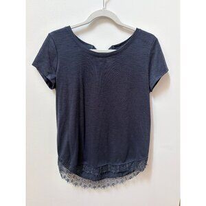 Lauren Conrad Navy Short-Sleeve Top W/ Lace Hem & Bow Back Detail